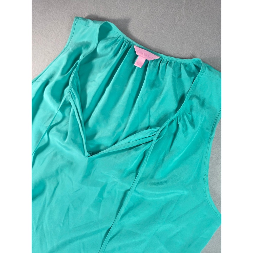 Lilly Pulitzer Teal Green Silk Sleeveless Tassel Tie Neck Blouse Large